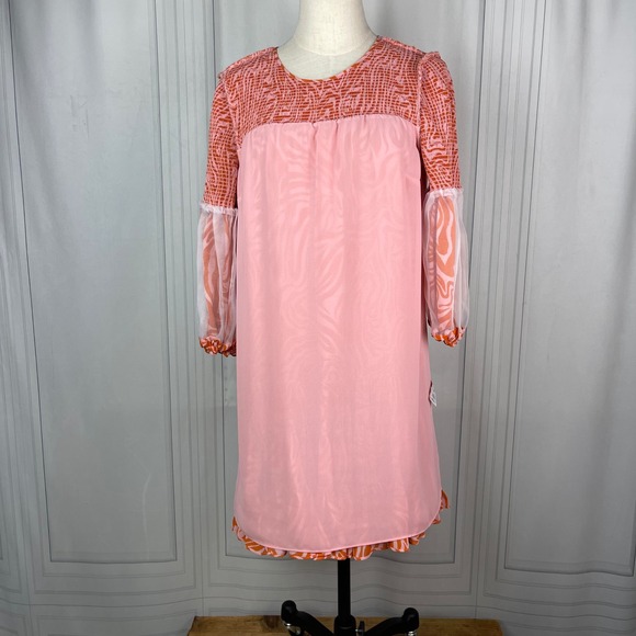 Cinq a Sept-Rika Mini Dress-Billow Sleeve/Animal Print -‎ Pink/Orange-Size 6 - Picture 12 of 16